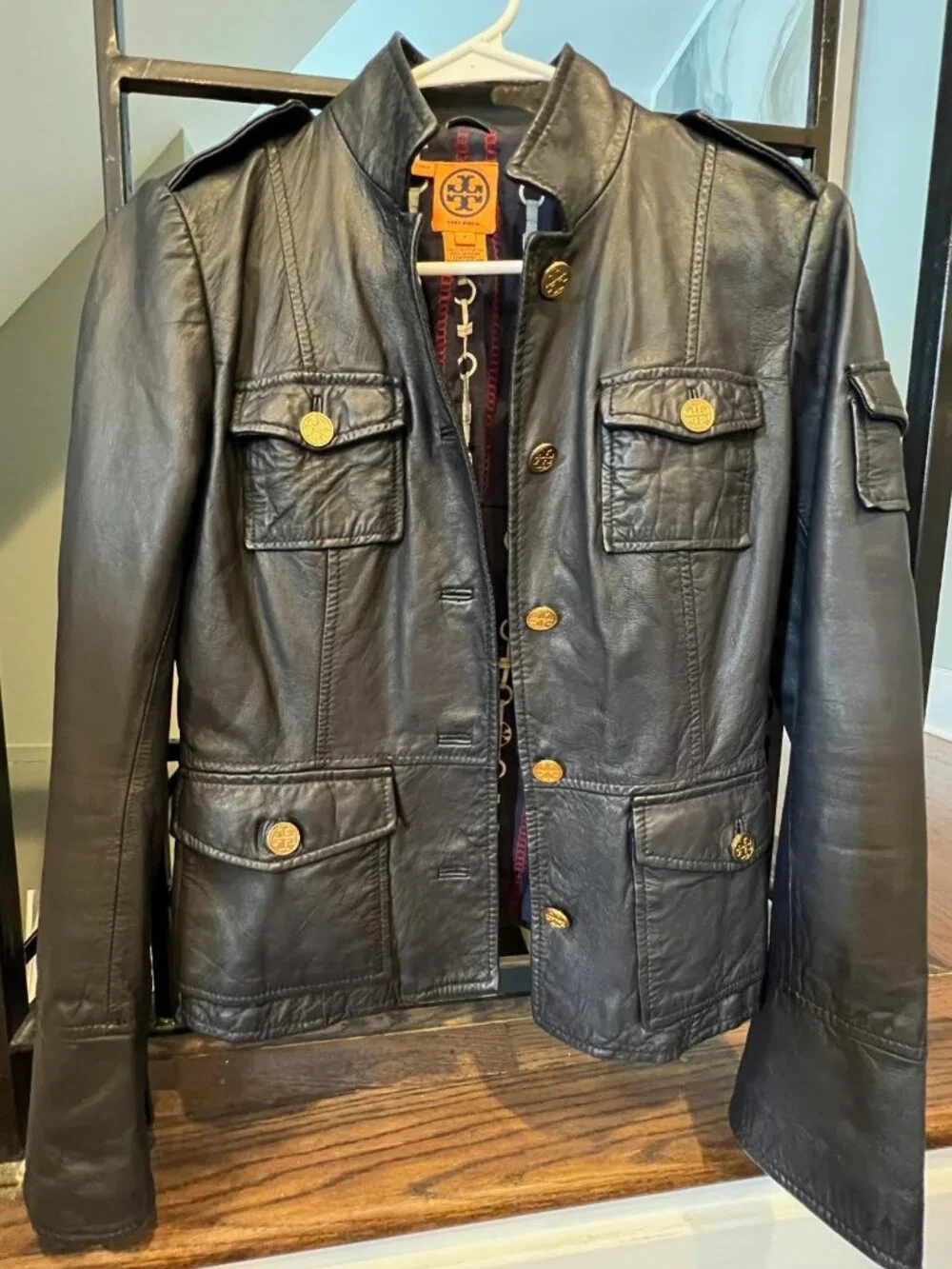 Tory Burch Black Leather Military Style Jacket Sz XS